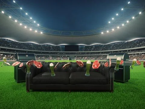 Stadium with a sofa in the middle. 3d rendering Illustrazione stock