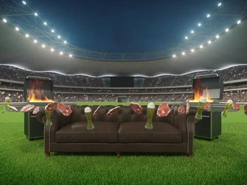 Stadium with a sofa in the middle. 3d rendering Stock Illustration