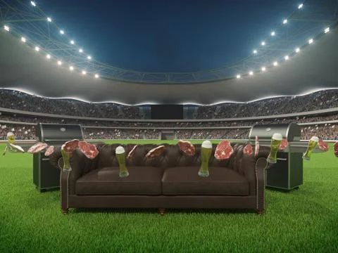 Stadium with a sofa in the middle. 3d rendering Stock Illustration
