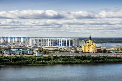 Stadium under construction and the Alexander Nevsky temple  in Nizhny Novgoro Stock Photos