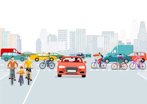 Stadt-Verkehr- Autos und Radfahrer in der Stadt, Illustration Copyright: x... Stock Photos