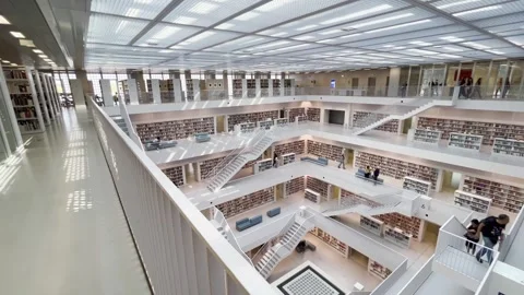 Stadtbücherei Stuttgart. Wide interior view of a multi-level public library Stock Footage 340148591