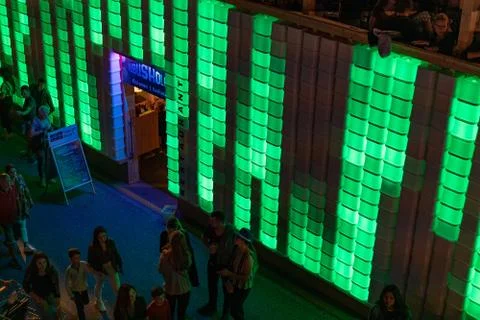 Stadtfest Brugg 24th of august 2019. Green enlightened wall of Kubus Kolor Stock Photos
