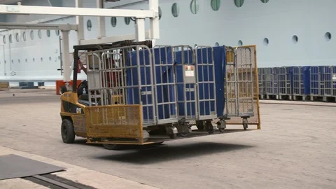Staff carrying empty pallet containers in forklifts to load luggage for delivery Video stock 116421830