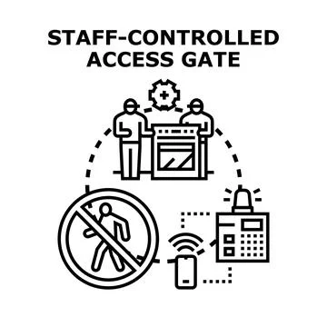 Staff controlling access gate and restricted entry concept Illustrazione stock