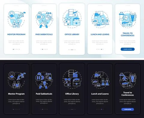 Staff development perks onboarding mobile app page screen Stock Illustration