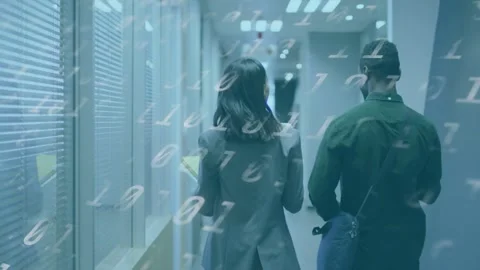 Staff exiting corridor talking tech work while holding tablet and coffee binary Stock Footage 333609977