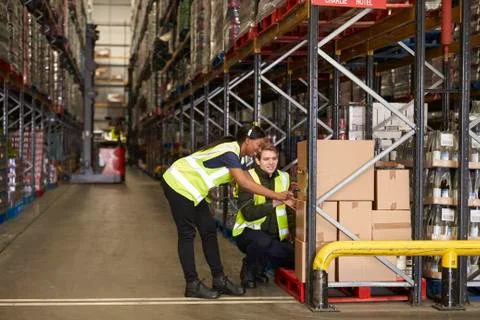 Staff identifying boxes in a distribution warehouse Stock Photos