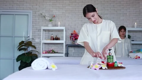 Staff prepare aromatherapy equipment in the spa Stock Footage 246019126
