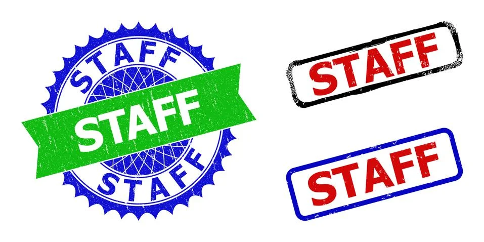 STAFF Rosette and Rectangle Bicolor Badges with Unclean Surfaces Stock Illustration