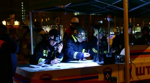 Staff of Russian rescue service at the command point near by fire. Stock Footage 47305594