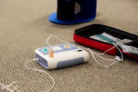 Staff setting AED machine to practice first aid Stockfoto's