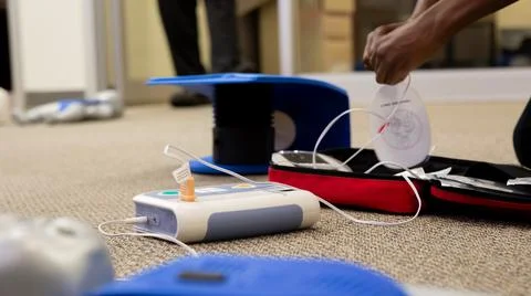 Staff setting AED machine to practice first aid Stock Photos