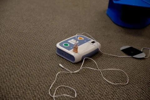 Staff setting AED machine to practice first aid Stock Photos