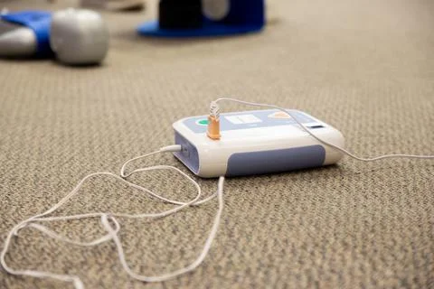 Staff setting AED machine to practice first aid Stockfoto's