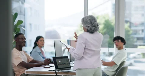 Staff, speaking or manager with document in digital agency,  project briefing or Stock Footage 329402791