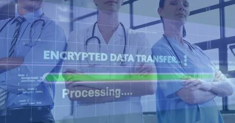 Staff with stethoscopes viewing encrypted data transfer panel in clinic, showing 写真素材