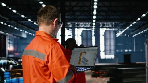 Staff uses advanced software on laptop to manage robot technology Stock Footage 322202913