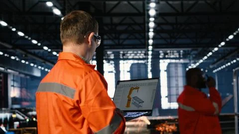 Staff uses advanced software on laptop to manage robot technology Stockfoto's