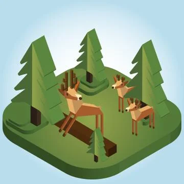 Stag Jumping in Pine Forest Isometric Style - Vector Illustration Stock Illustration
