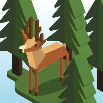 Stag in Pine Forest Isometric Style - Vector Illustration Stock Illustration
