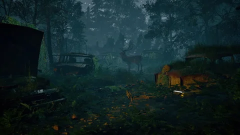 A stag wanders through an eerie moonlit junkyard filled with rusted cars Video stock 304304926