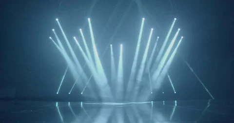 Stage beam lights in tv set studio colours Stock Footage 80181736