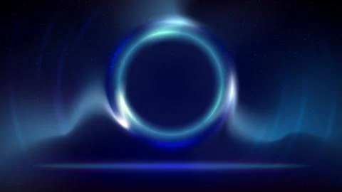 Stage. Blue cyan circular light frame on dark background, Glowing circle plasma Stock Illustration