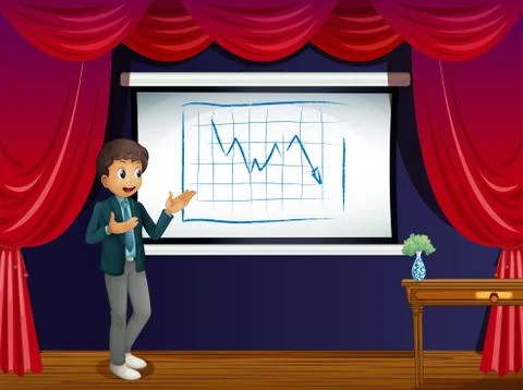 A stage with a boy presenting a line graph Stock Illustration