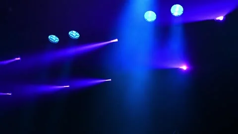 Stage ceiling light, bright blue spotlights lightning on a musical stage Video stock 244654566
