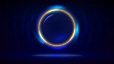 Stage, circular gold light frame dark background. Illuminated stage. Blue circle Stock Illustration