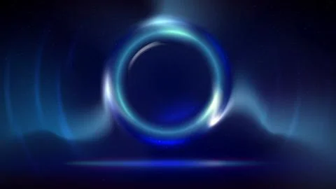 Stage, circular light frame, dark background. Blue cyan glowing light ring Illustrazione stock