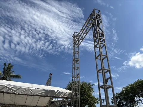 Stage construction assembly process. side view Stock Photos