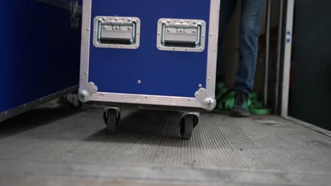 Stage Crew moving Flightcase out of the Truck, event, concert venue 스톡 동영상 237462837