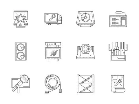 Stage equipment flat line vector icons set Stock Illustration