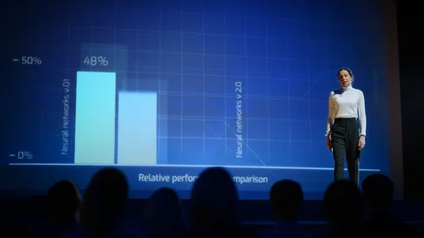 On Stage, Female Speaker Presents Technological Product, Uses Remote Control Stock Footage 122810873
