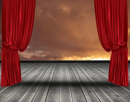 Stage floor and cloudy backdrop are being revealed in flat-design stage with red Stock Illustration