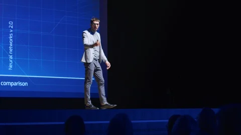 On Stage: Inspirational Star Speaker, Talking about Technology, Science, Success Stock Footage 122814358