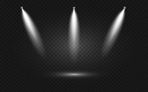 Stage lighting set with white spotlights shining on transparent background Stock Illustration