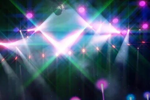 A stage with lights and a microphone. The lights are green and purple. Ther.. Stock Photos