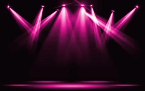 Stage lights. Pink violet spotlight strike through the darkness. Stock Illustration