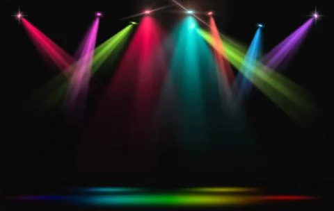 Stage lights. Rainbow spotlight strike through the darkness. Stock Illustration