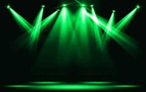 Stage lights. Several projectors in the dark. Green spotlight strike through  Stock Illustration