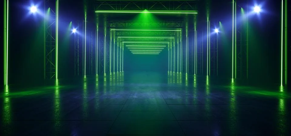Stage Neon Lasers Glowing Sci Fi Retro Blue Green Construction Dance Floor Cl Stock Illustration