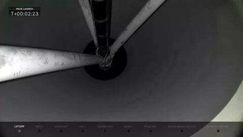 Stage one booster separation during NASA's PACE satellite launch Video stock 295933431