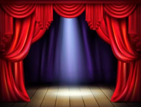 Stage with opened red curtains realistic Ilustración de archivo