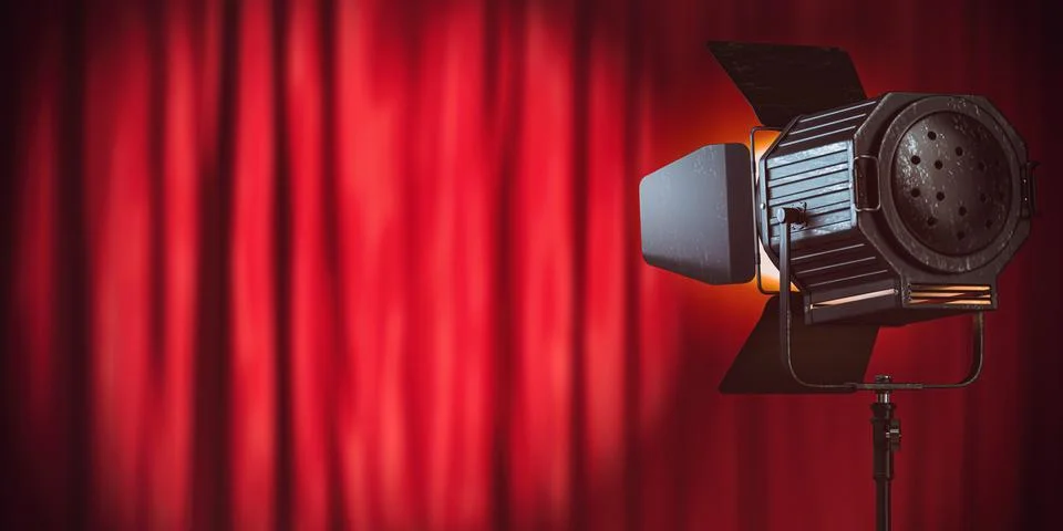 Stage or studio spotlight on red curtain background. Lighting equipment for.. Stock Illustration