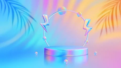 Stage podium with lightning bolt icon. Product podium with a palm leaves sh.. Stock Illustration