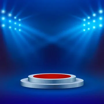 Stage with red carpet and spotlight on blue background. Concert arena or scen Stock Illustration