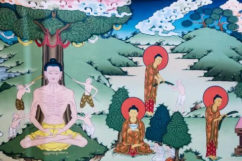 The Stage of Severe Austerity and Exhausting Search for the Buddha Stock Illustration